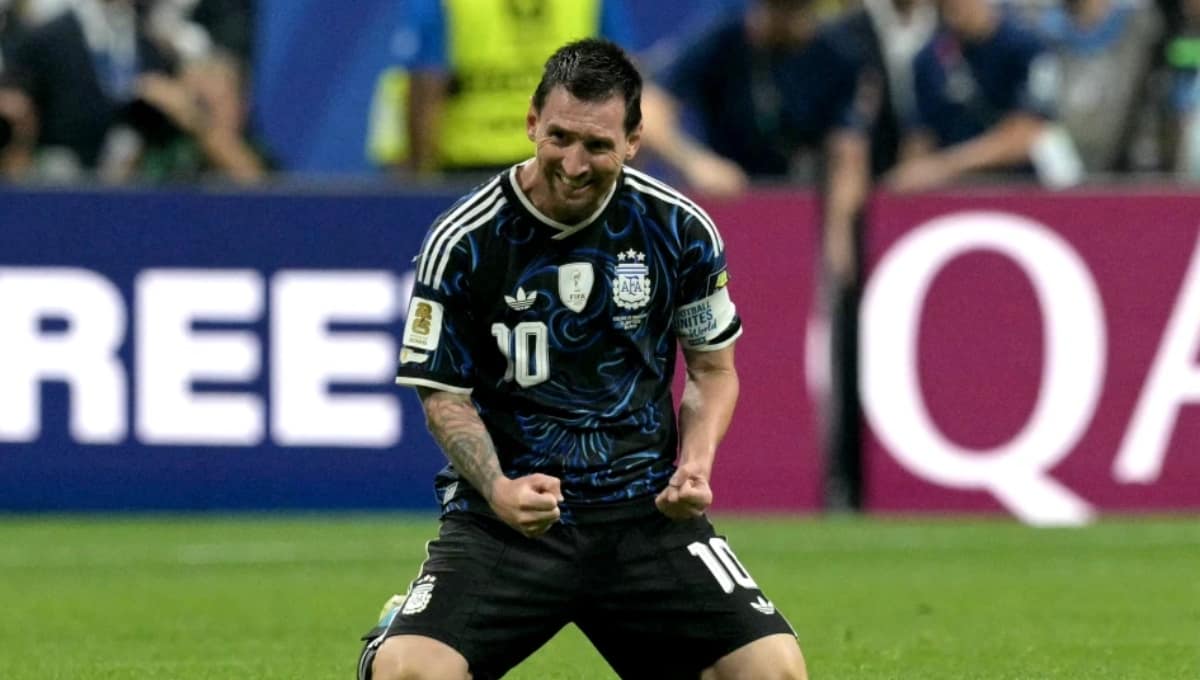 Lionel Messi celebrates after helping Argentina defeat England in a World Cup semifinal