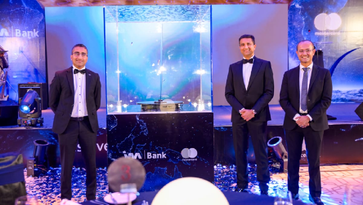 I&M Bank Regional CEO Kihara Maina and Mastercard Country Manager Shehryar Ali speaking at the premium card launch event in Nairobi.