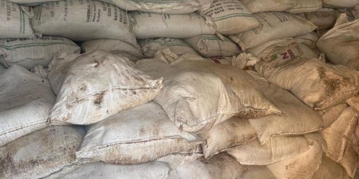 DCI detectives display bags of suspected counterfeit fertiliser recovered during operations in Uasin Gishu County.