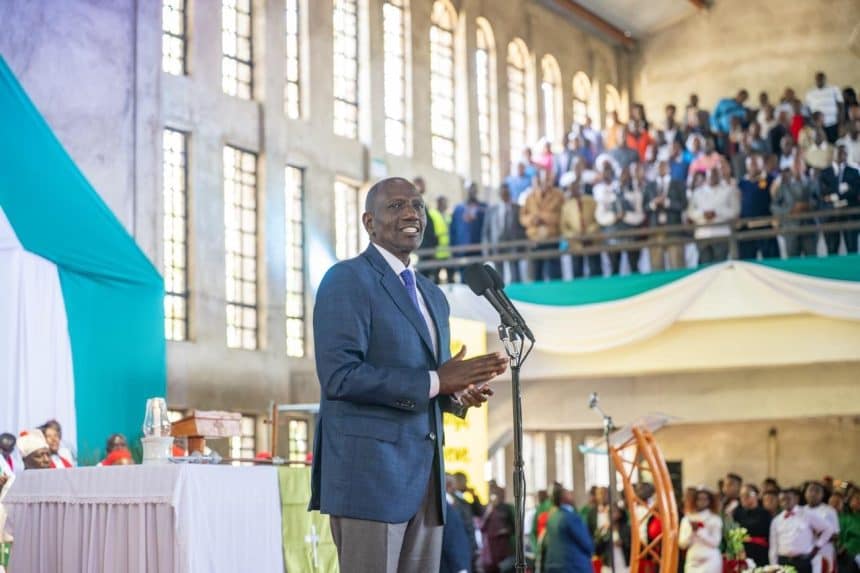 President William Ruto addresses residents during a church service and development tour in Kitui County