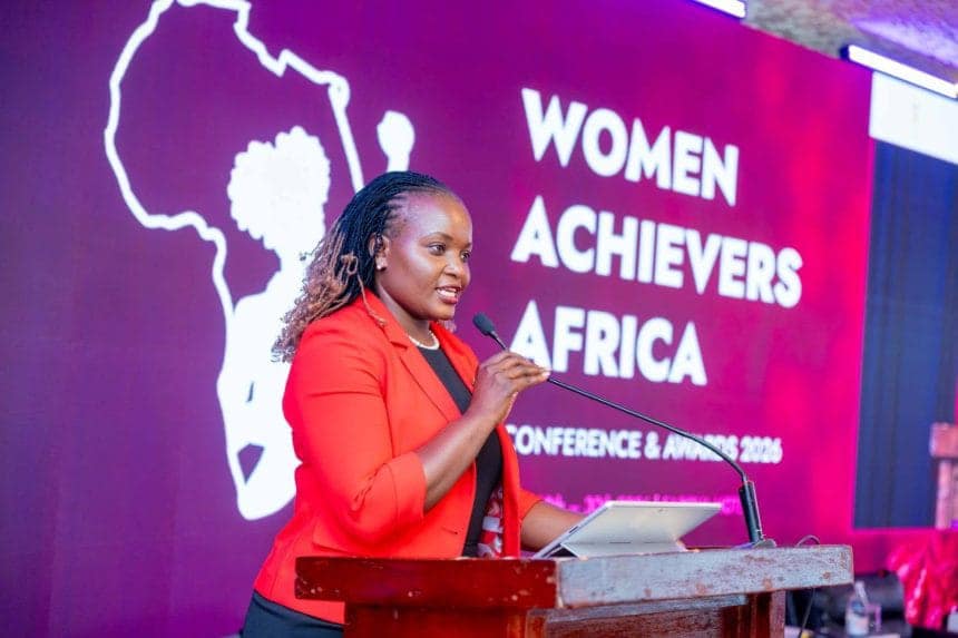 President William Ruto's Women's Rights Advisor Harriet Chiggai speaking during the Women Achievers Conference on ending gender-based violence.