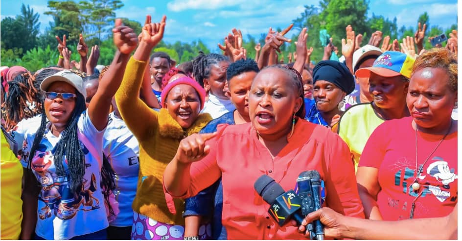 Women leaders from Kirinyaga address the media while condemning Rigathi Gachagua's remarks about women governors.